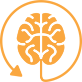 Orange brain icon with arrow on black.