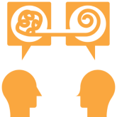 Two figures exchanging complex and simple ideas.