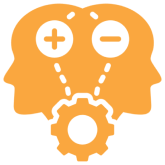 Two heads with gears and plus-minus symbols.